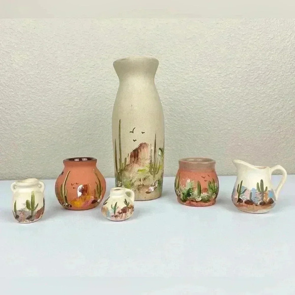 TASSO Signed Lot of Studio Pottery Dessert Western Scenes Miniature Pots Painted - Picture 1 of 16